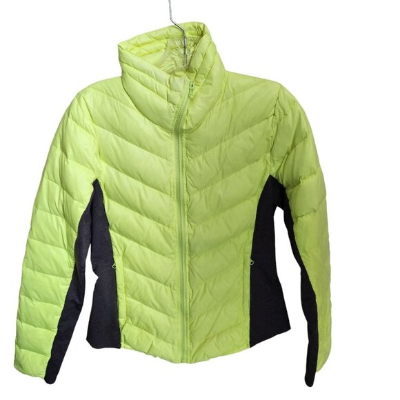 Alo Yoga Down Feather Puffer Jacket Women’s Small Neon‎ Yellow Gray Slim Fit - Picture 1 of 14